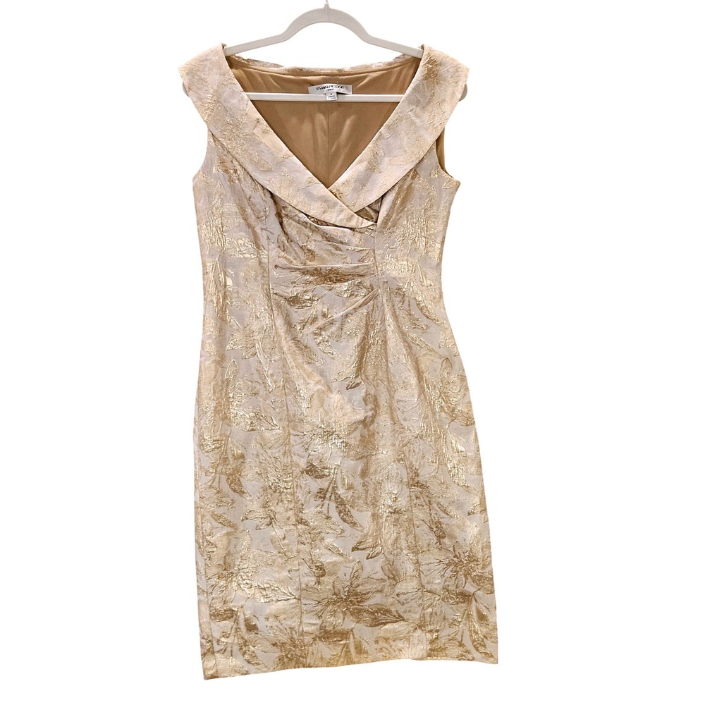 Evan-Picone Sz 6 Champagne Brocade Cocktail Sheath Dress Shawl Collar‎ #430